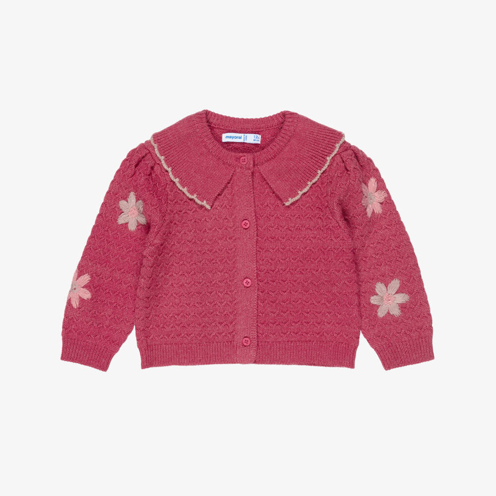 Mayoral-Girls Pink Knitted Cardigan with Embroidered Flowers | Childrensalon
