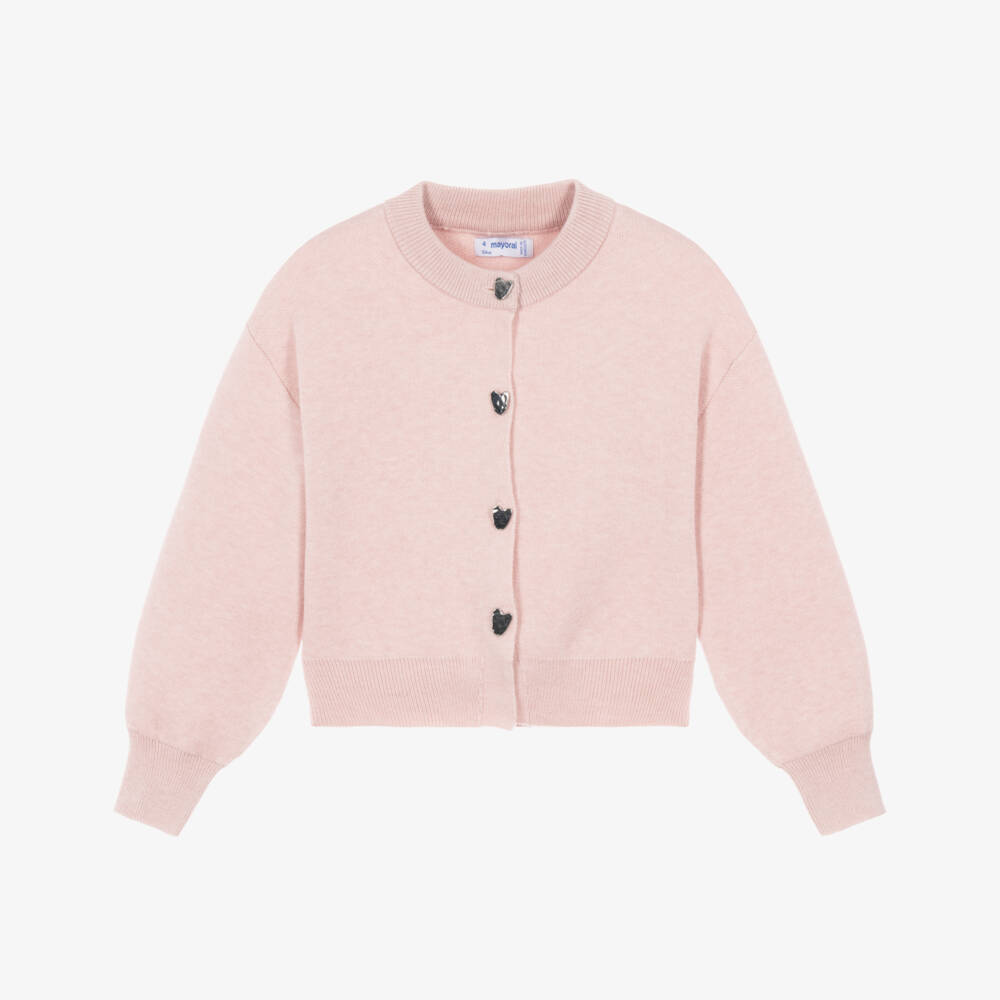 Mayoral-Girls Pink Knitted Cardigan with Heart Buttons | Childrensalon