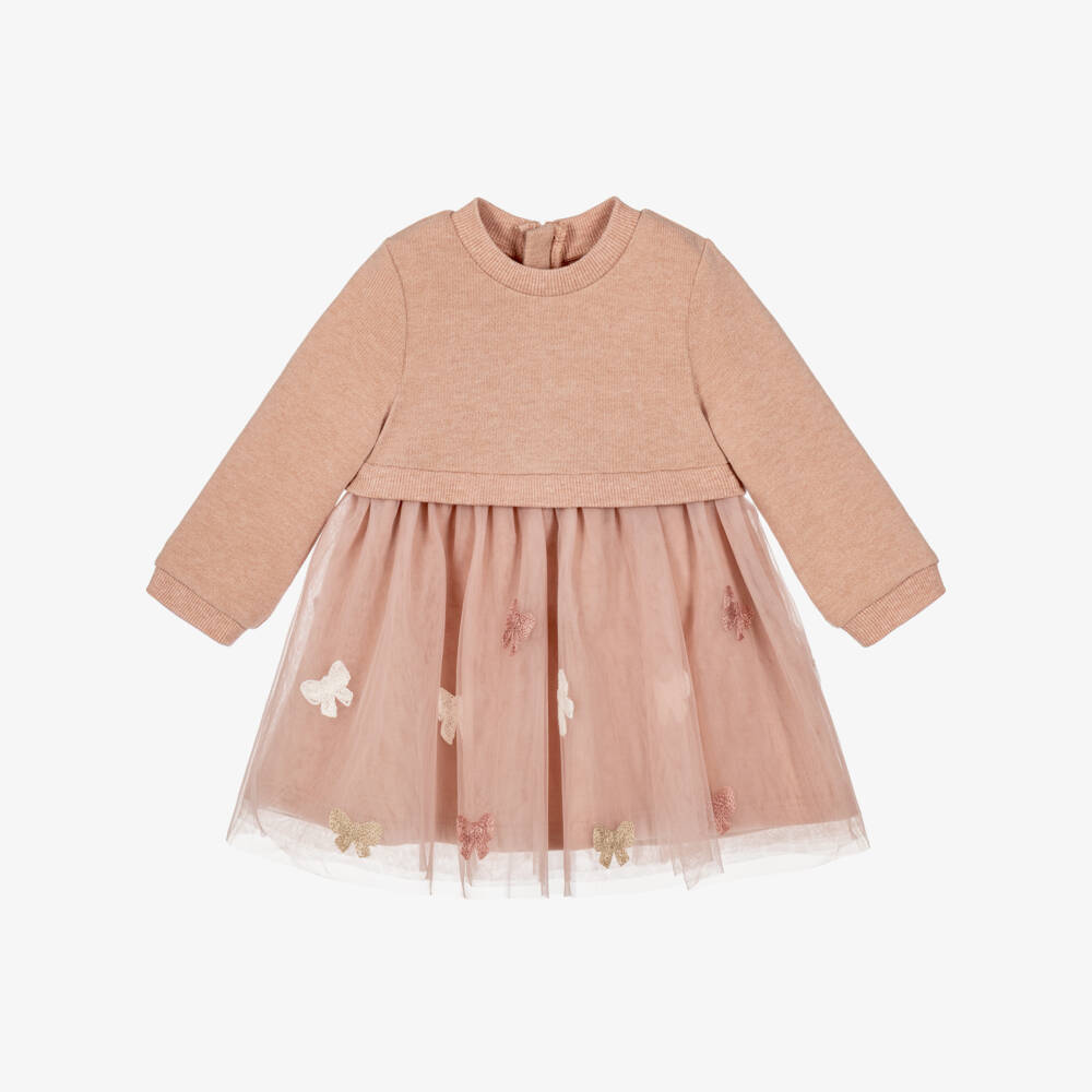 Mayoral Newborn-Girls Pink Knitted Dress with Tulle Skirt  | Childrensalon