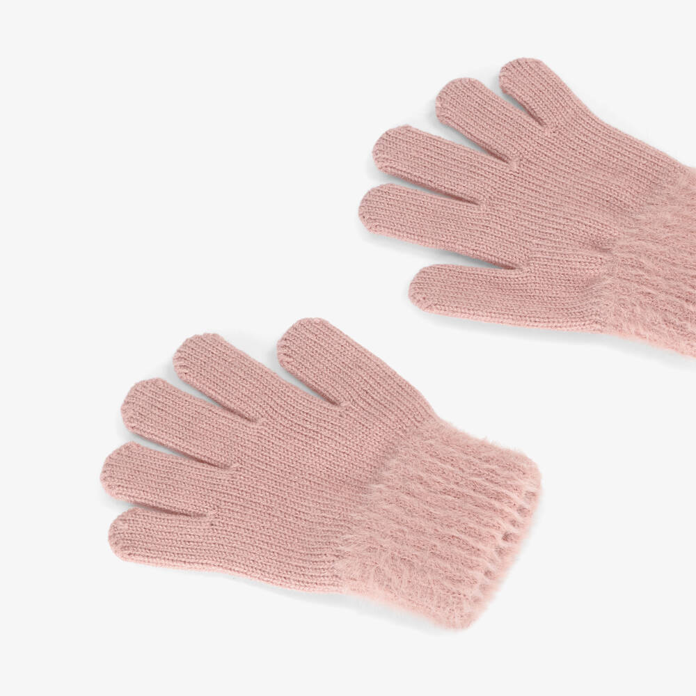 Mayoral-Girls Pink Knitted Gloves with Fluffy Cuffs | Childrensalon