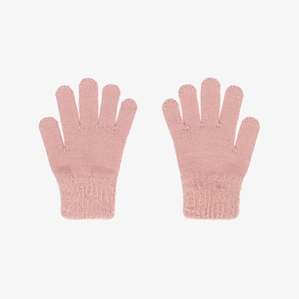 Mayoral-Girls Pink Knitted Gloves with Fluffy Cuffs | Childrensalon