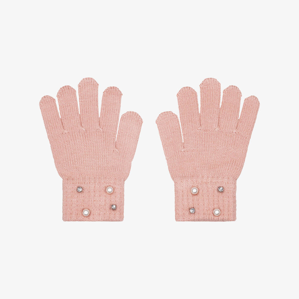 Mayoral-Girls Pink Knitted Gloves with Sparkly Diamantés | Childrensalon
