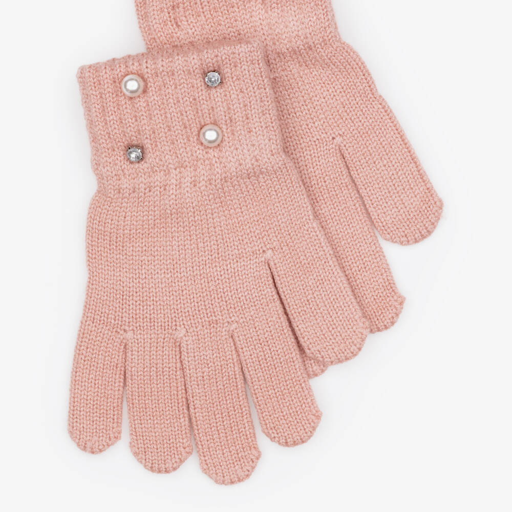 Mayoral-Girls Pink Knitted Gloves with Sparkly Diamantés | Childrensalon