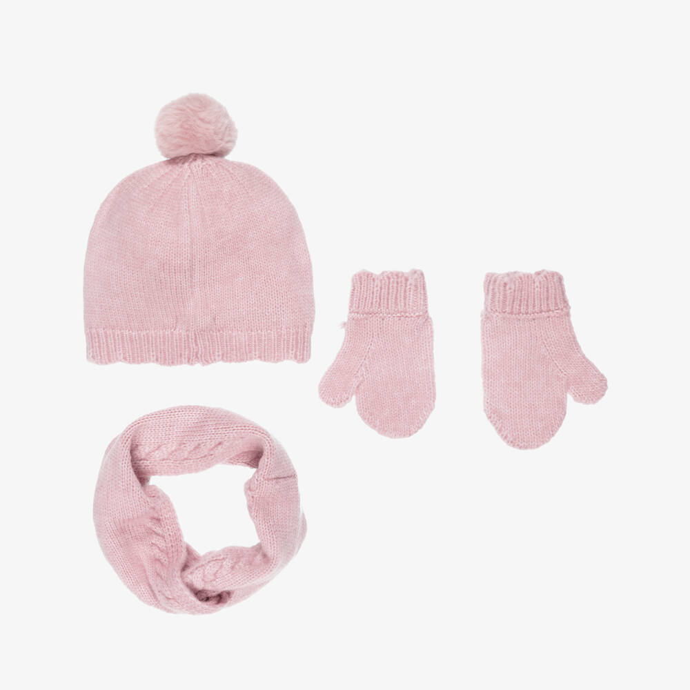 Mayoral-Girls Pink Knitted Hat, Scarf & Mittens Set | Childrensalon
