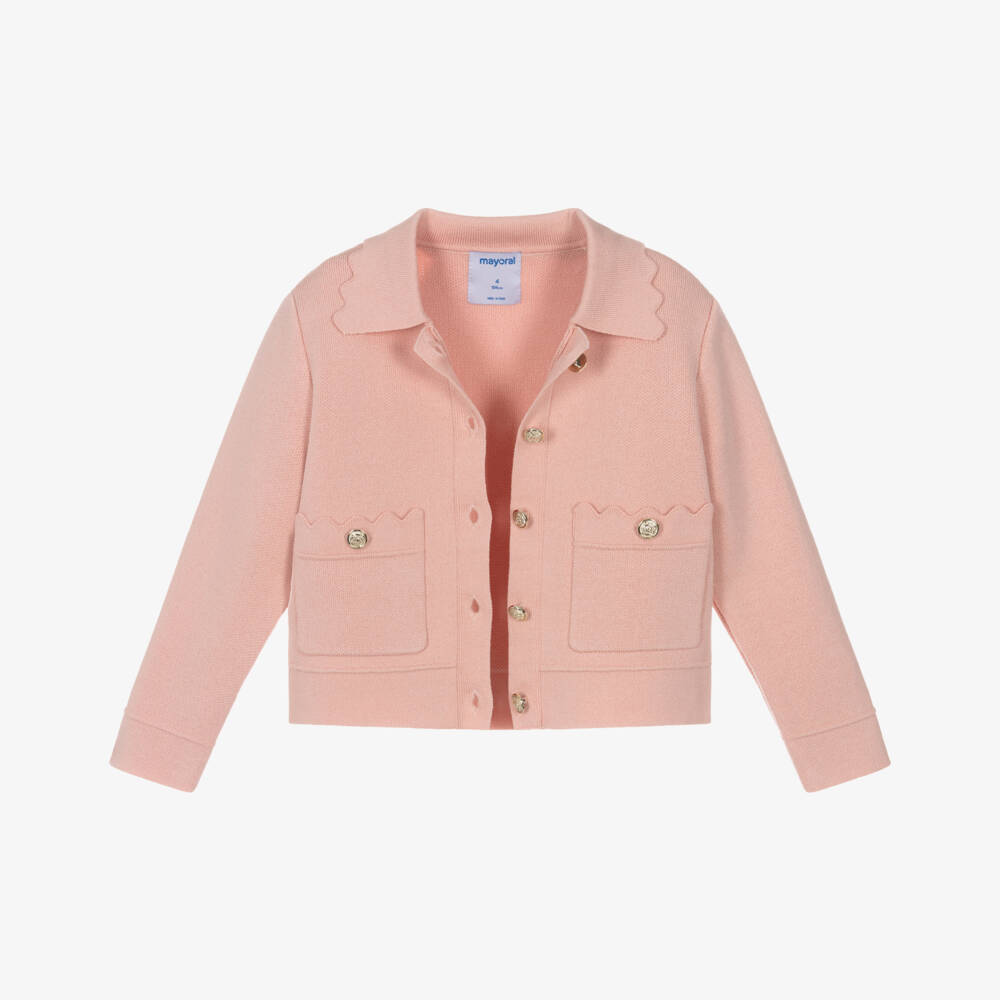 Mayoral-Girls Pink Knitted Jacket with Scalloped Trims | Childrensalon