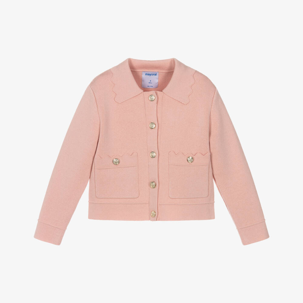 Mayoral-Girls Pink Knitted Jacket with Scalloped Trims | Childrensalon