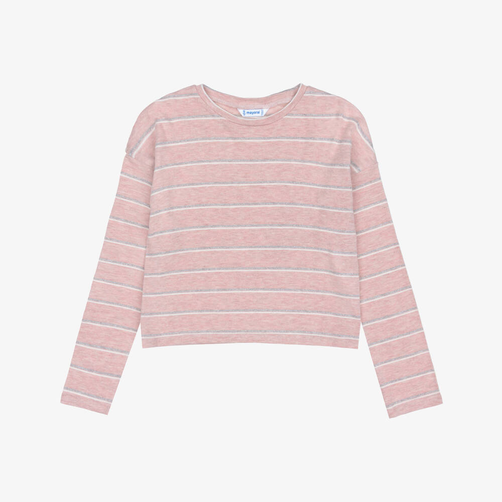 Mayoral-Girls Pink Long Sleeved Top with Glittery Stripes | Childrensalon
