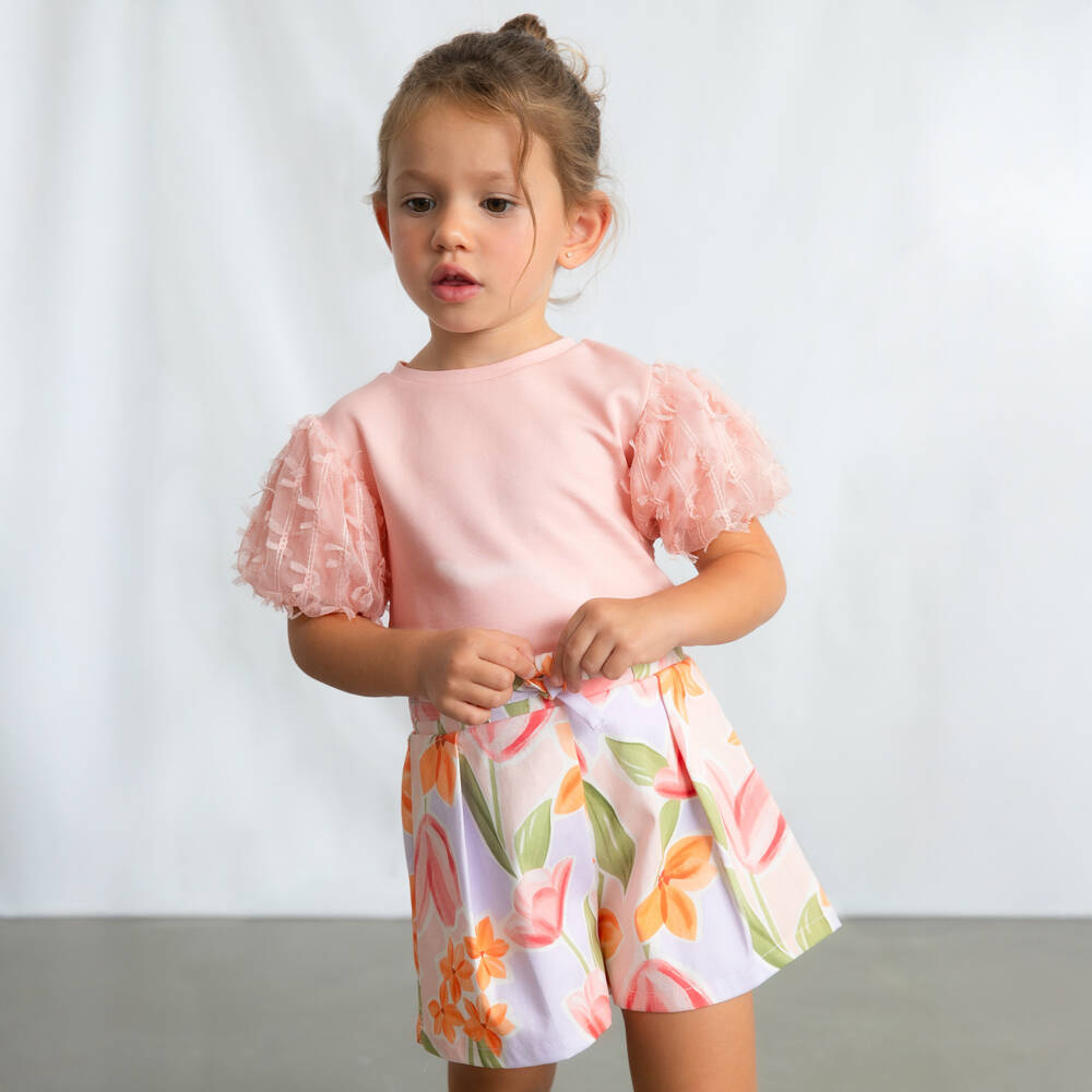 Mayoral-تيشيرت بأكمام تول منفوخة لون زهري للبنات | Childrensalon