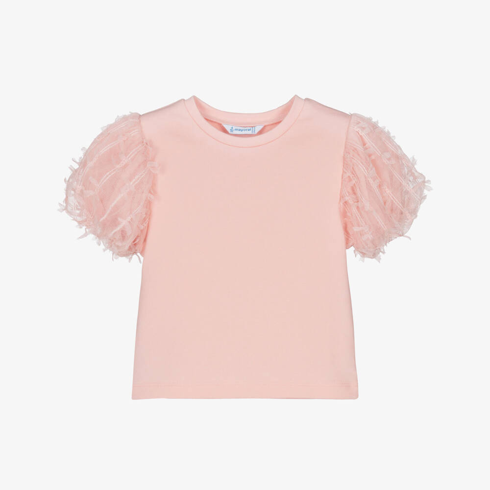 Mayoral-تيشيرت بأكمام تول منفوخة لون زهري للبنات | Childrensalon