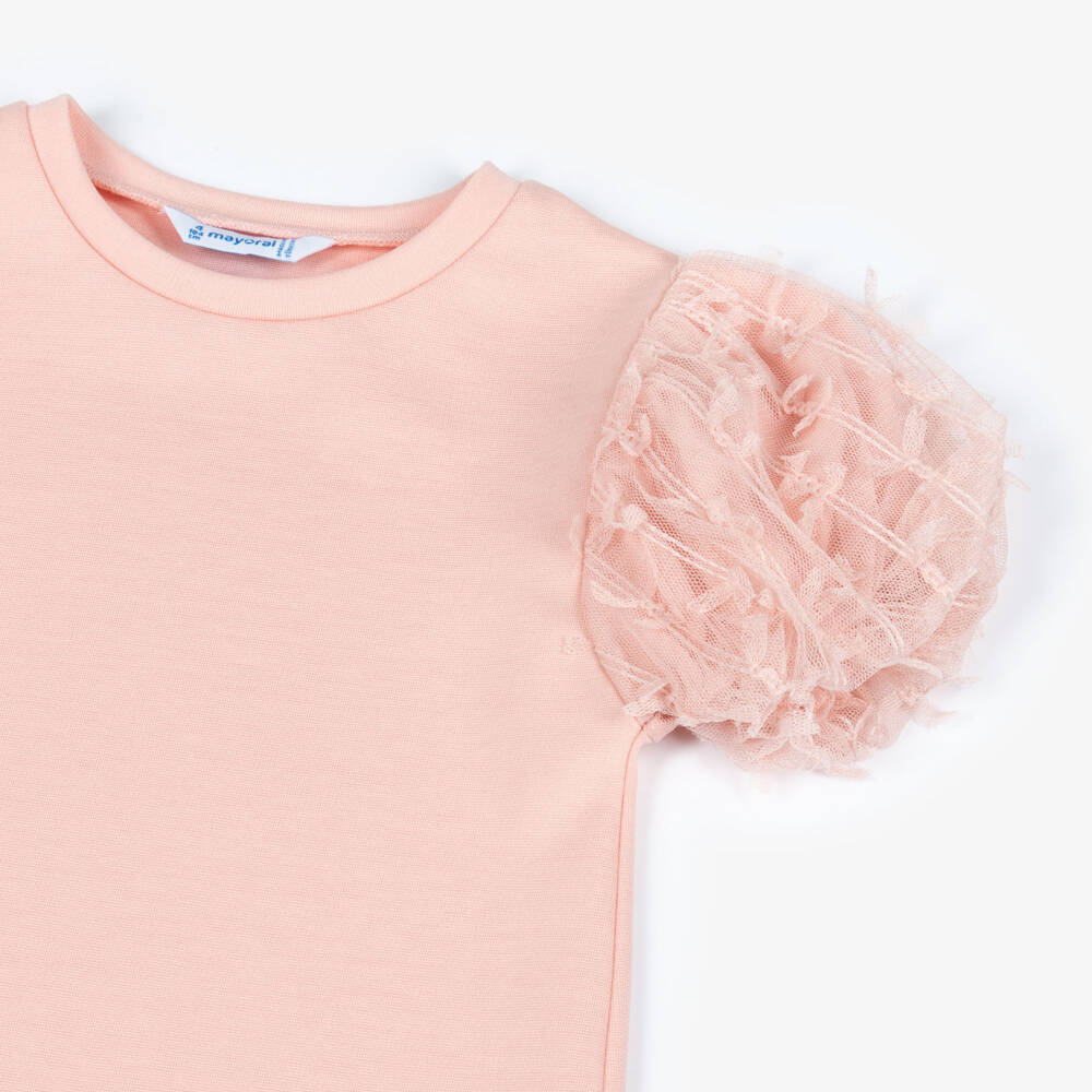 Mayoral-تيشيرت بأكمام تول منفوخة لون زهري للبنات | Childrensalon
