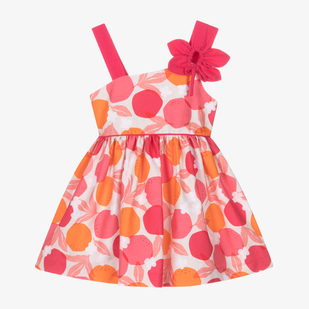 Mayoral-Girls Pink & Orange Fruit & Floral Cotton Sateen Dress | Childrensalon