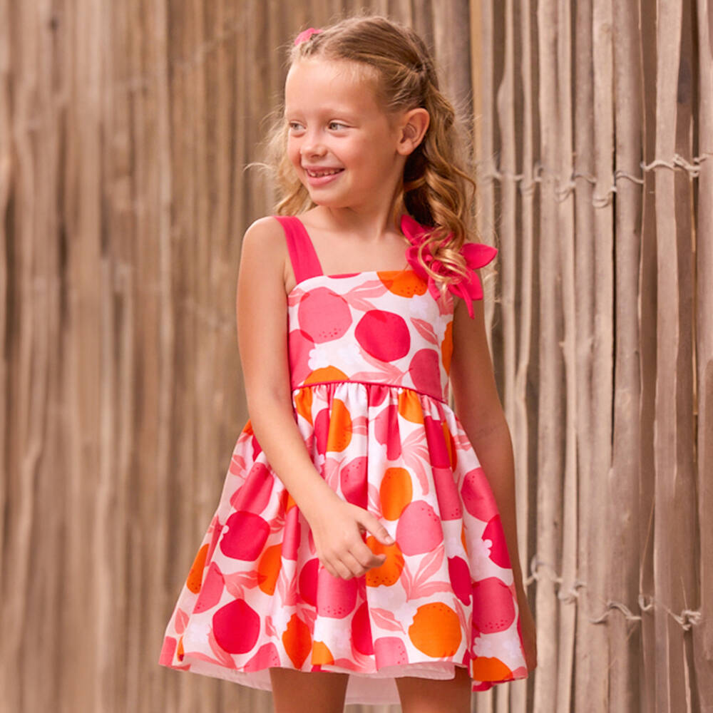 Mayoral-Girls Pink & Orange Fruit & Floral Cotton Sateen Dress | Childrensalon