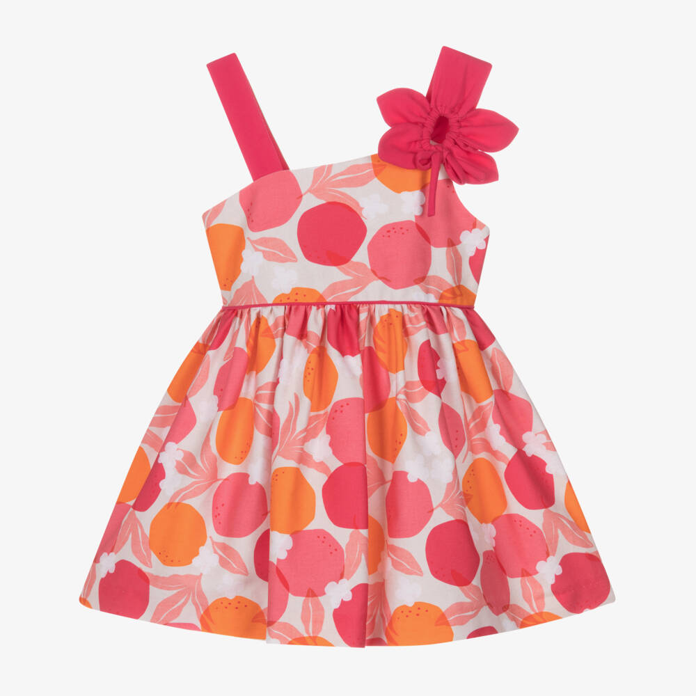 Mayoral-Girls Pink & Orange Fruit & Floral Cotton Sateen Dress | Childrensalon