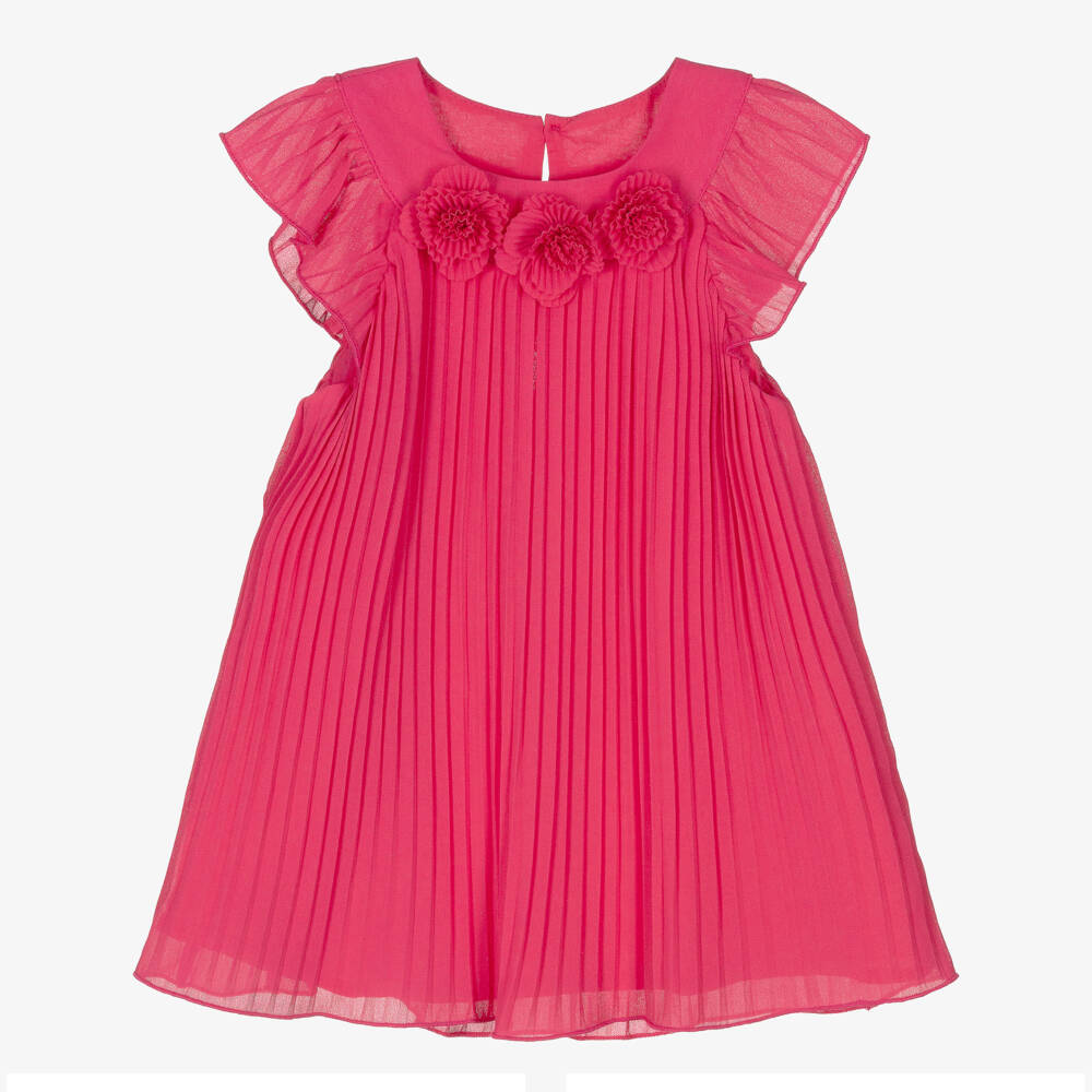 Mayoral-Платье розовое из шифона плисе с аппликациями цветов для девочек  | Childrensalon