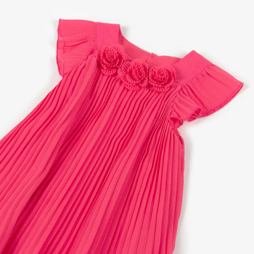 Mayoral-Платье розовое из шифона плисе с аппликациями цветов для девочек | Childrensalon