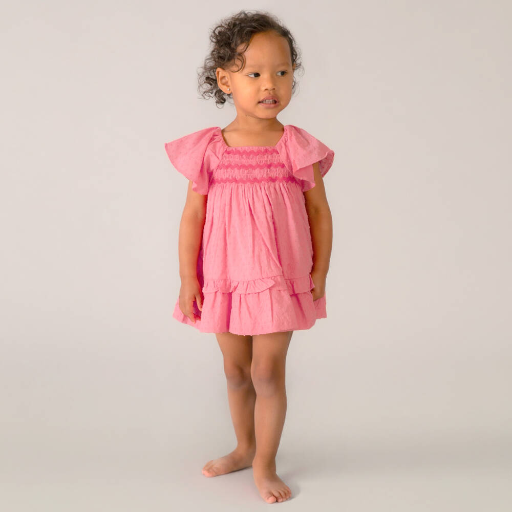 Mayoral-Girls Pink Plumeti Cotton Smocked Dress | Childrensalon