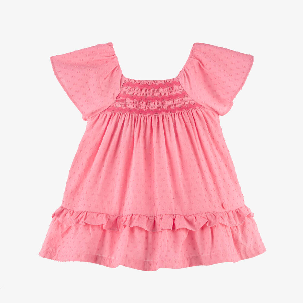 Mayoral-Girls Pink Plumeti Cotton Smocked Dress | Childrensalon