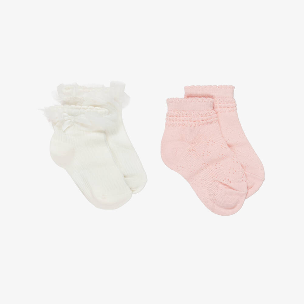 Mayoral-Girls Pink Pointelle & Ivory Ribbed Ankle Socks (2 Pack) | Childrensalon
