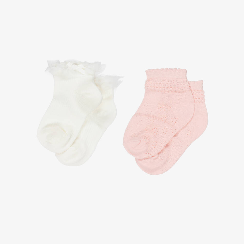 Mayoral-Girls Pink Pointelle & Ivory Ribbed Ankle Socks (2 Pack) | Childrensalon