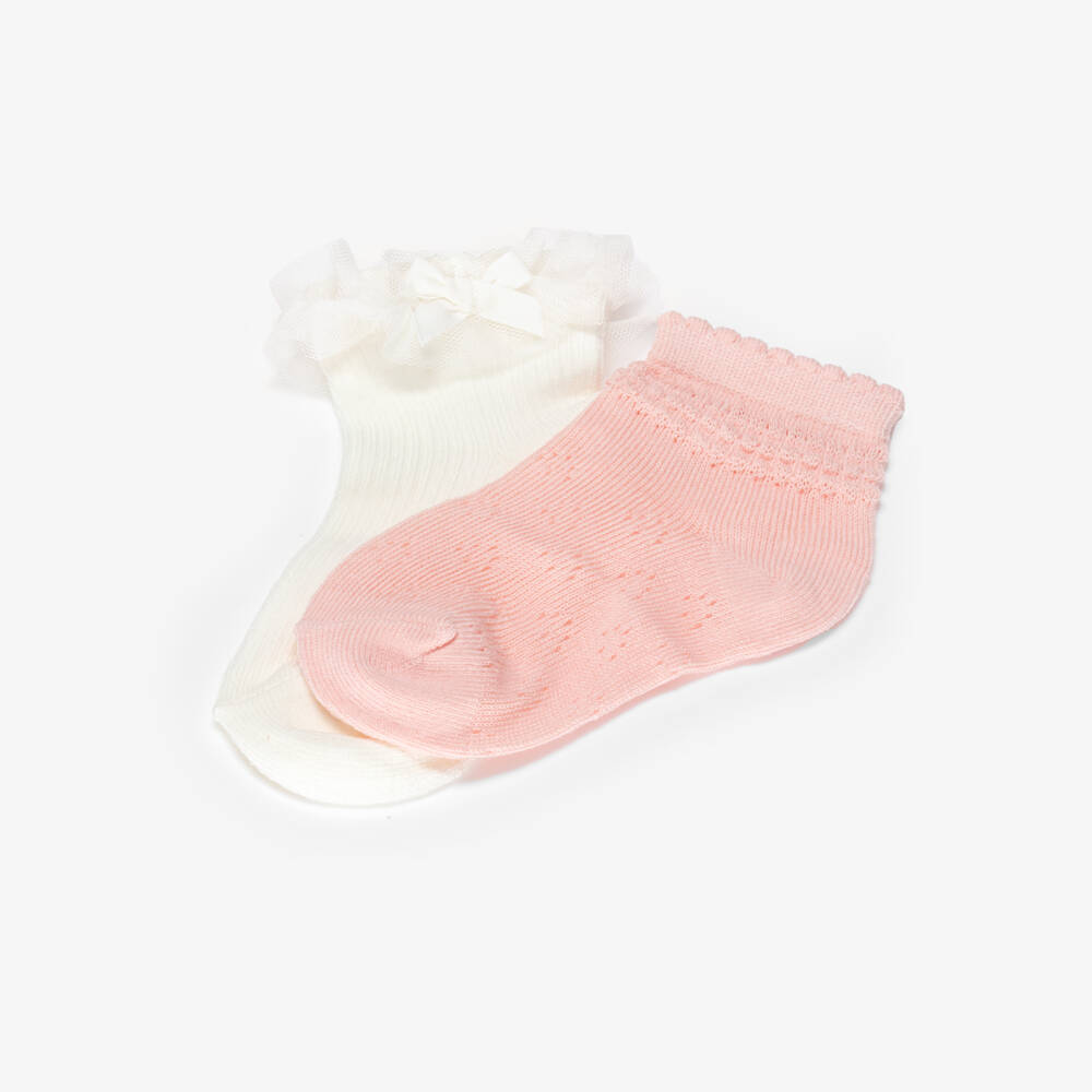 Mayoral-Girls Pink Pointelle & Ivory Ribbed Ankle Socks (2 Pack) | Childrensalon