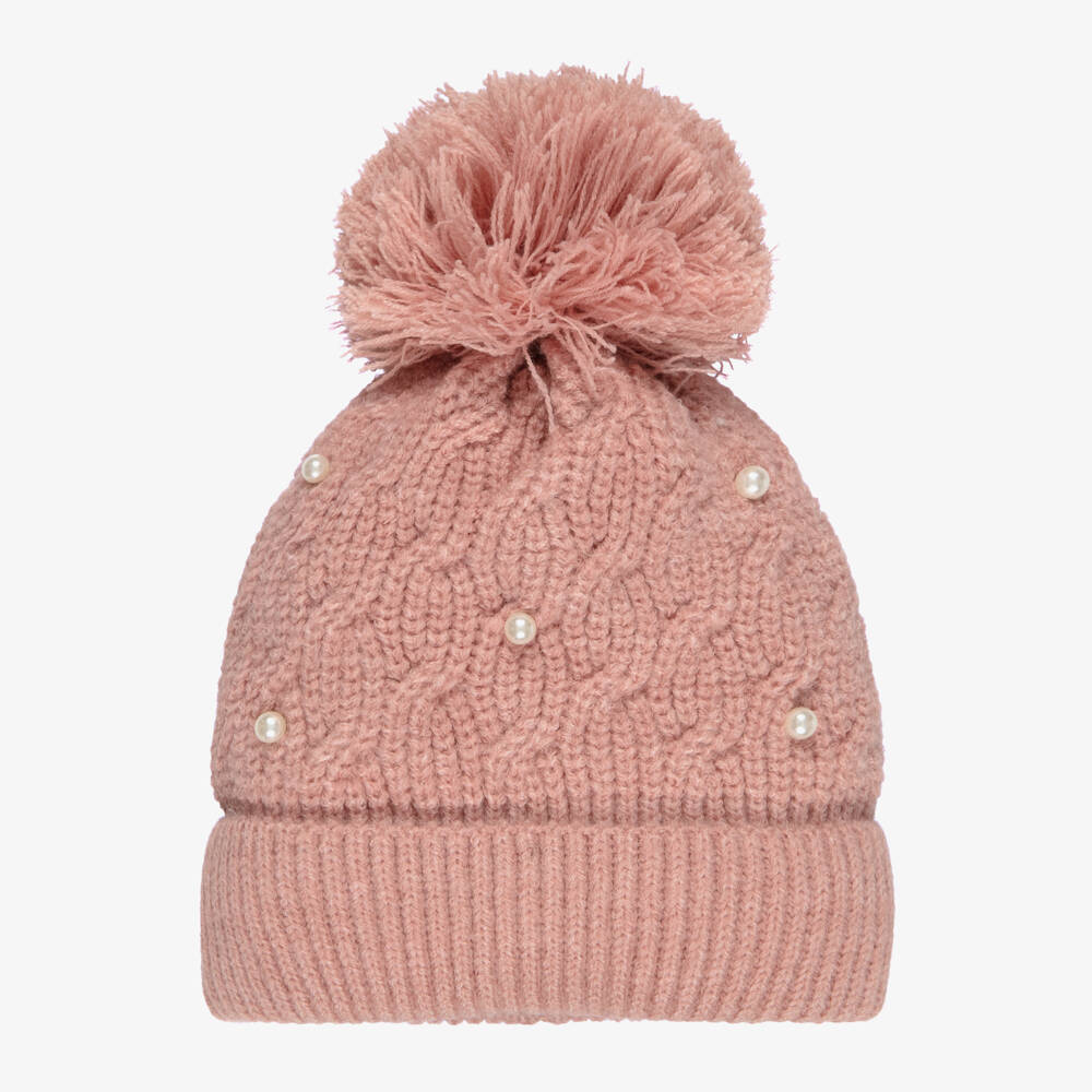 Mayoral-Girls Pink Pom-Pom Hat with Pearls | Childrensalon