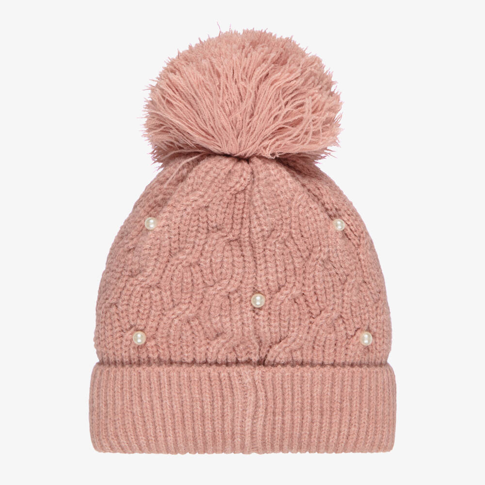 Mayoral-Girls Pink Pom-Pom Hat with Pearls | Childrensalon
