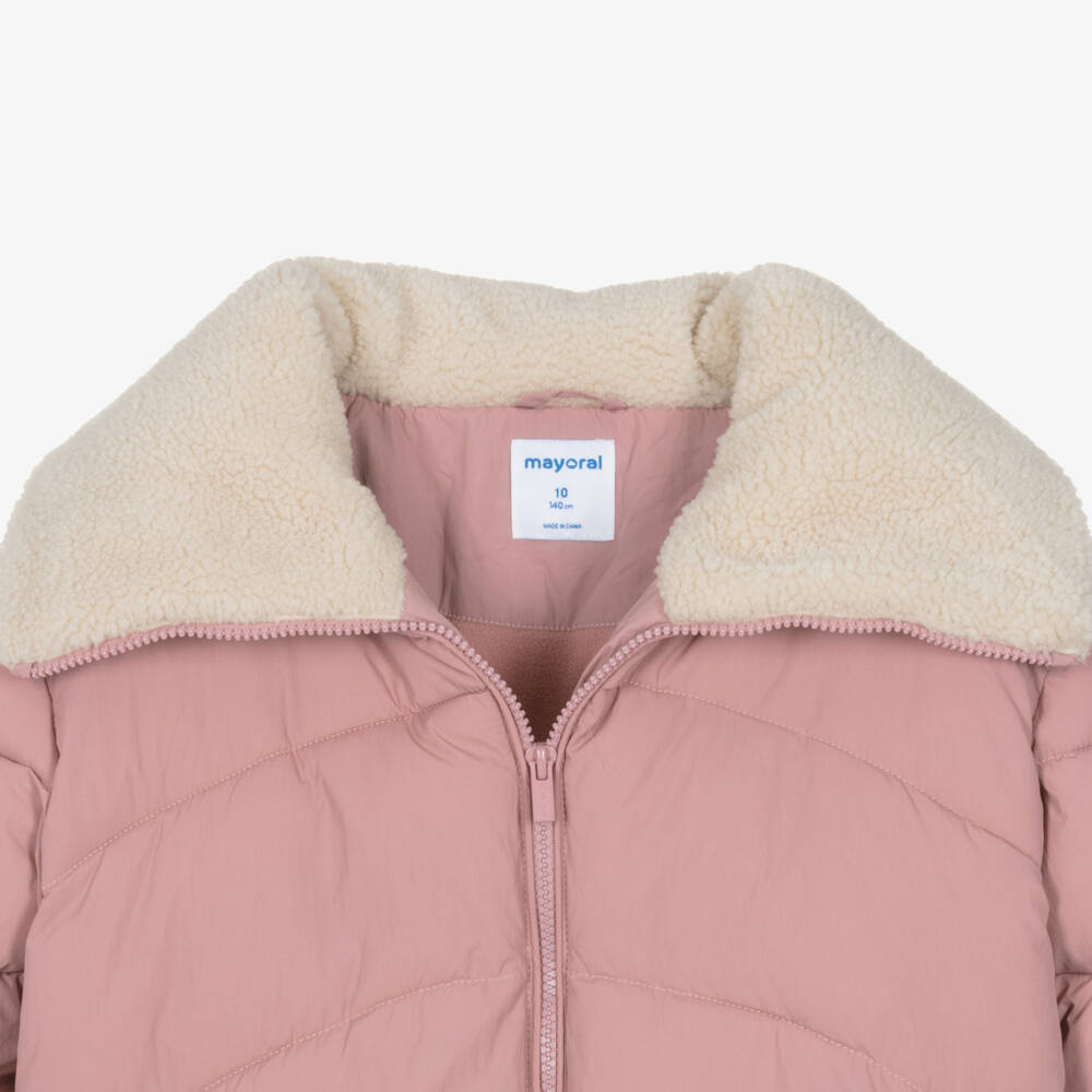 Mayoral-Girls Pink Puffer Jacket with Faux Sheepskin Collar | Childrensalon