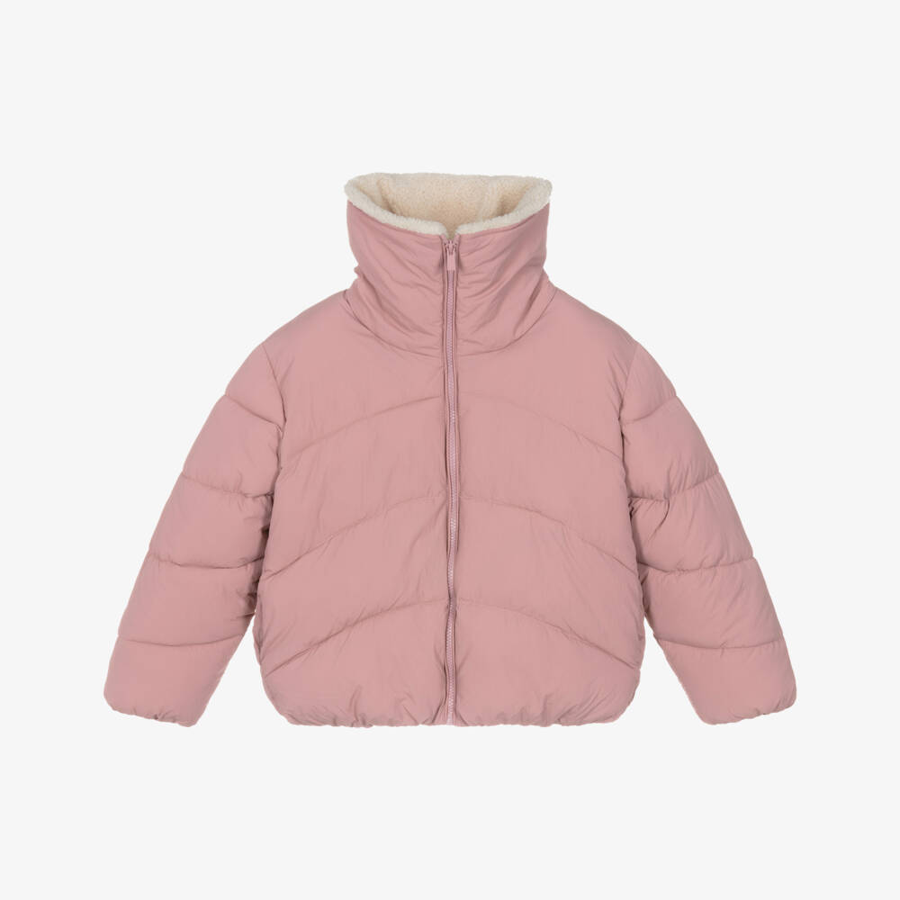 Mayoral-Girls Pink Puffer Jacket with Faux Sheepskin Collar | Childrensalon
