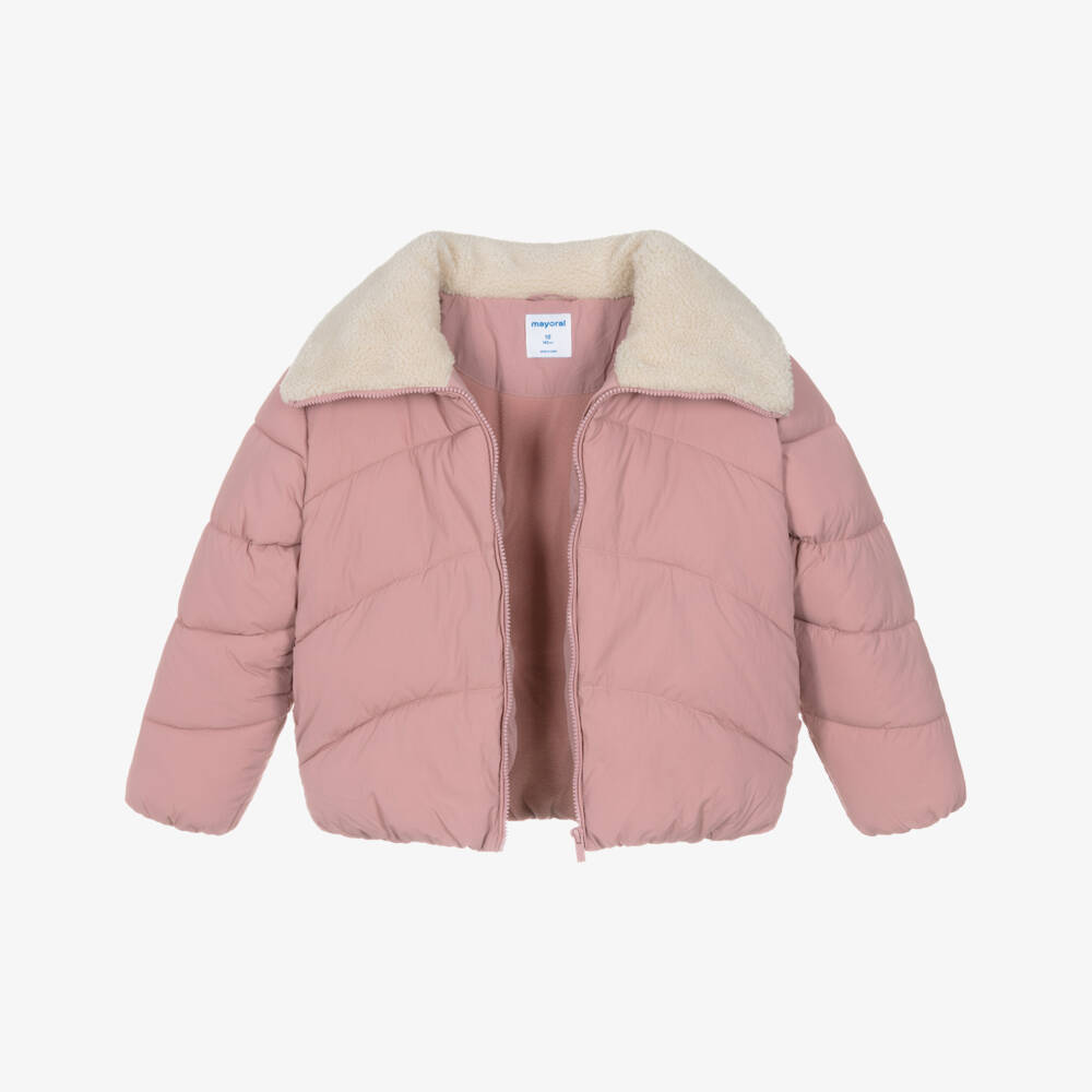 Mayoral-Girls Pink Puffer Jacket with Faux Sheepskin Collar | Childrensalon