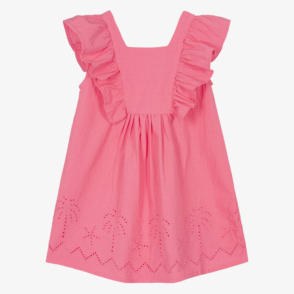 Mayoral-Girls Pink Seersucker Broderie Anglaise Dress | Childrensalon