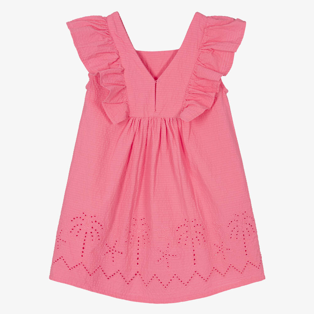 Mayoral-Girls Pink Seersucker Broderie Anglaise Dress | Childrensalon