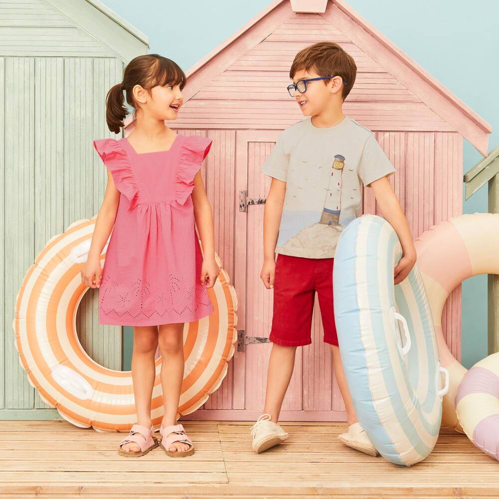 Mayoral-Girls Pink Seersucker Broderie Anglaise Dress | Childrensalon