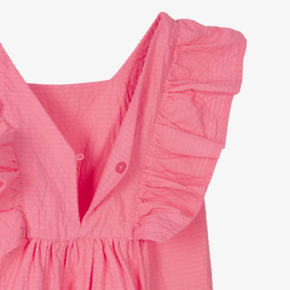 Mayoral-Girls Pink Seersucker Broderie Anglaise Dress | Childrensalon