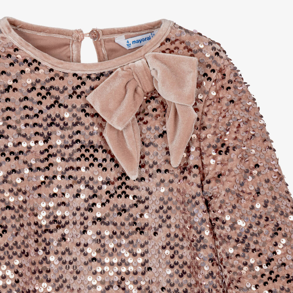 Mayoral-Girls Pink Sequin Dress with Velvet Bow | Childrensalon