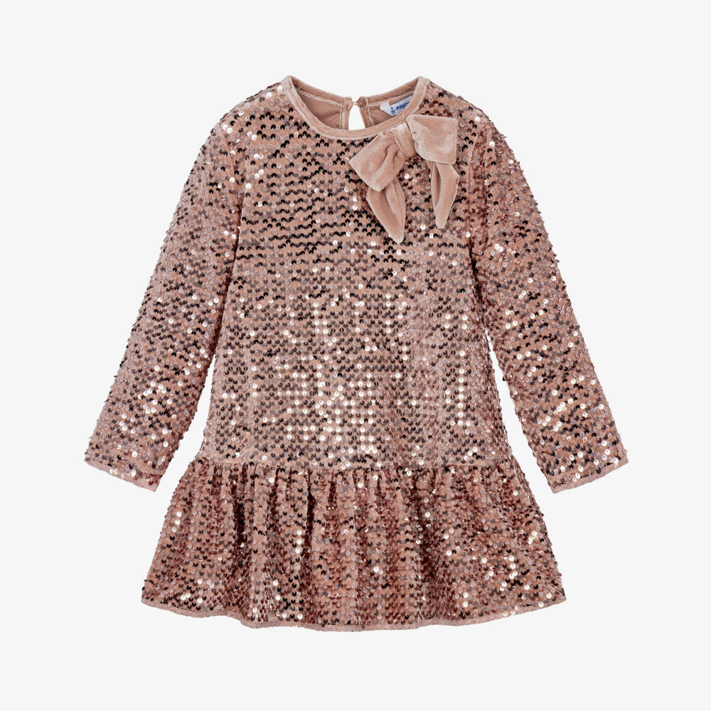 Mayoral-Girls Pink Sequin Dress with Velvet Bow | Childrensalon