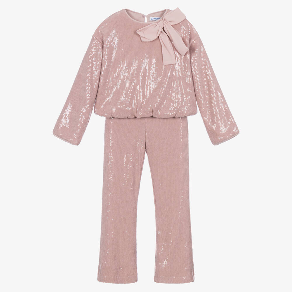 Mayoral-Girls Pink Sequinned Trouser Set with Bow | Childrensalon