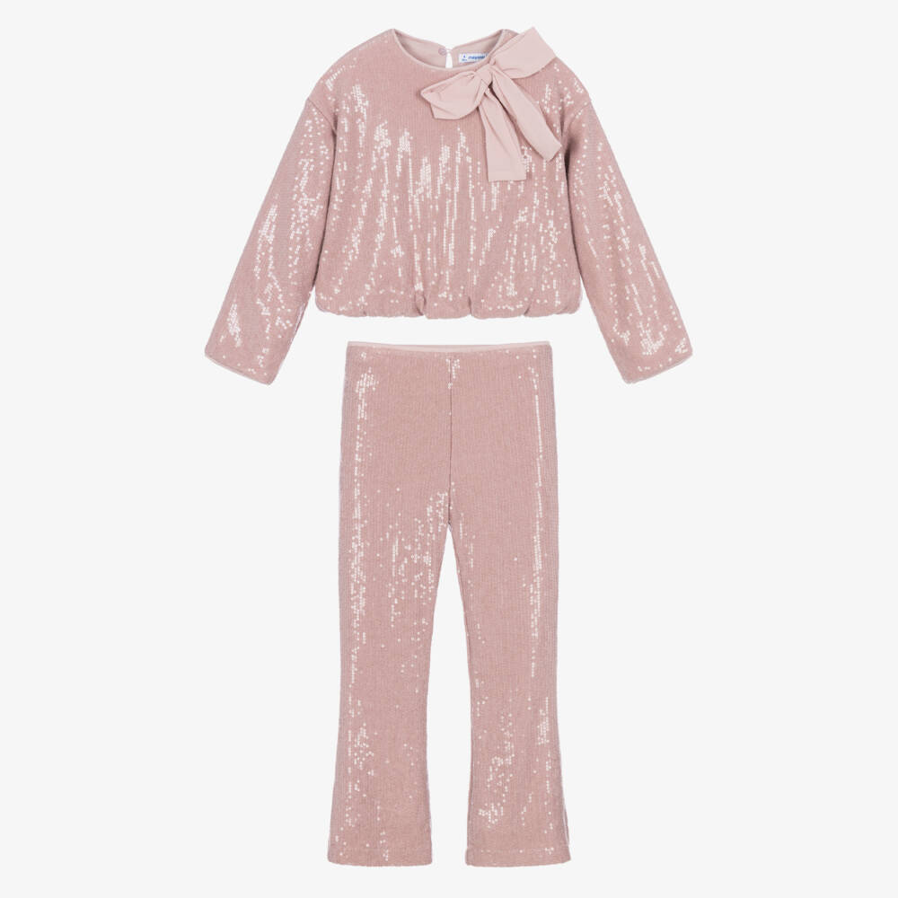 Mayoral-Girls Pink Sequinned Trouser Set with Bow | Childrensalon