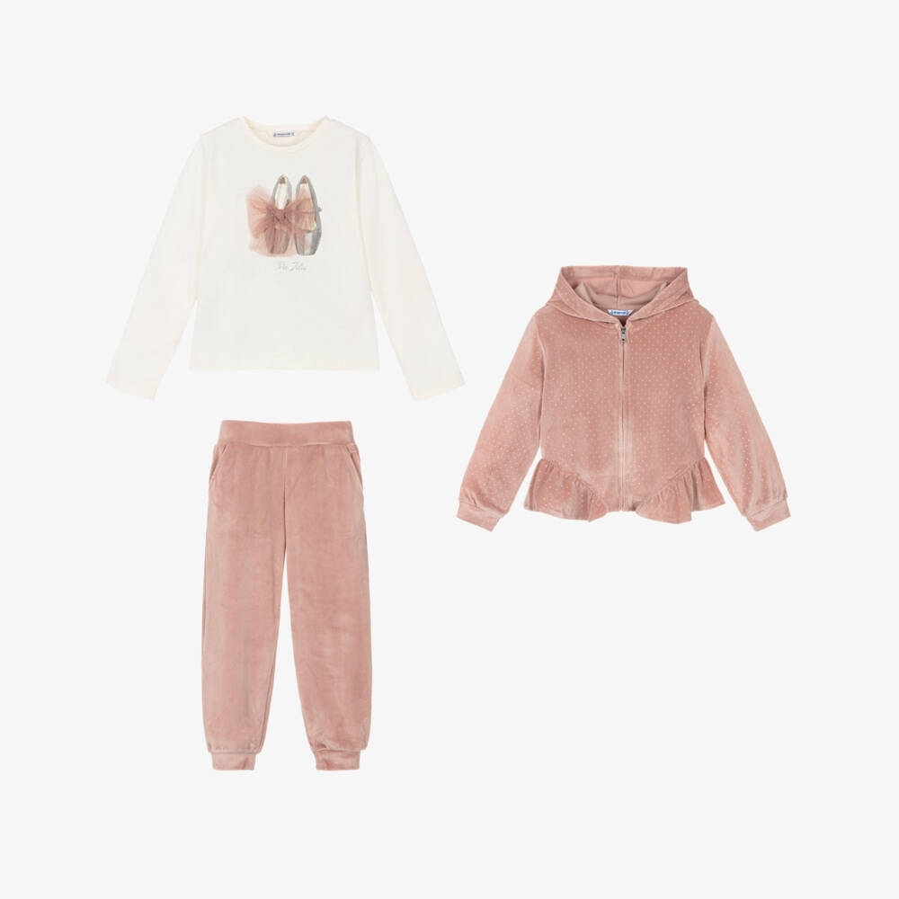 Mayoral- بدلة رياضية مخملية لون زهري برّاق للبنات | Childrensalon