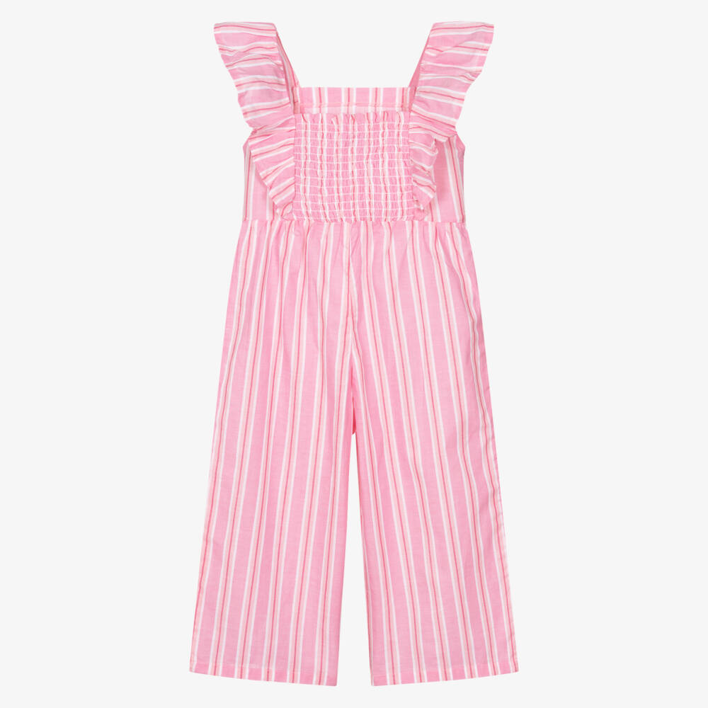 Mayoral-Girls Pink Striped Cotton Jumpsuit with Shoulder Ruffles | Childrensalon
