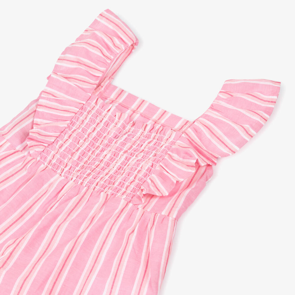 Mayoral-Girls Pink Striped Cotton Jumpsuit with Shoulder Ruffles | Childrensalon
