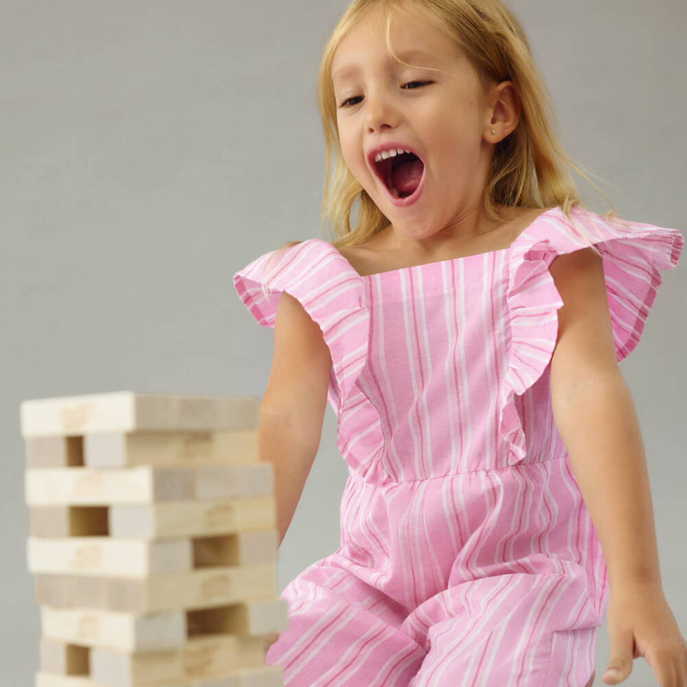 Mayoral-Girls Pink Striped Cotton Jumpsuit with Shoulder Ruffles | Childrensalon