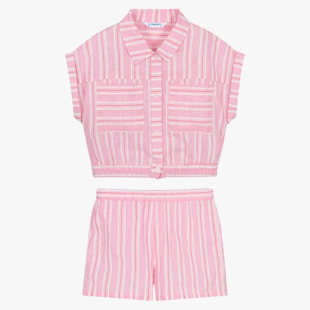 Mayoral-Girls Pink Striped Cotton Shorts Set | Childrensalon