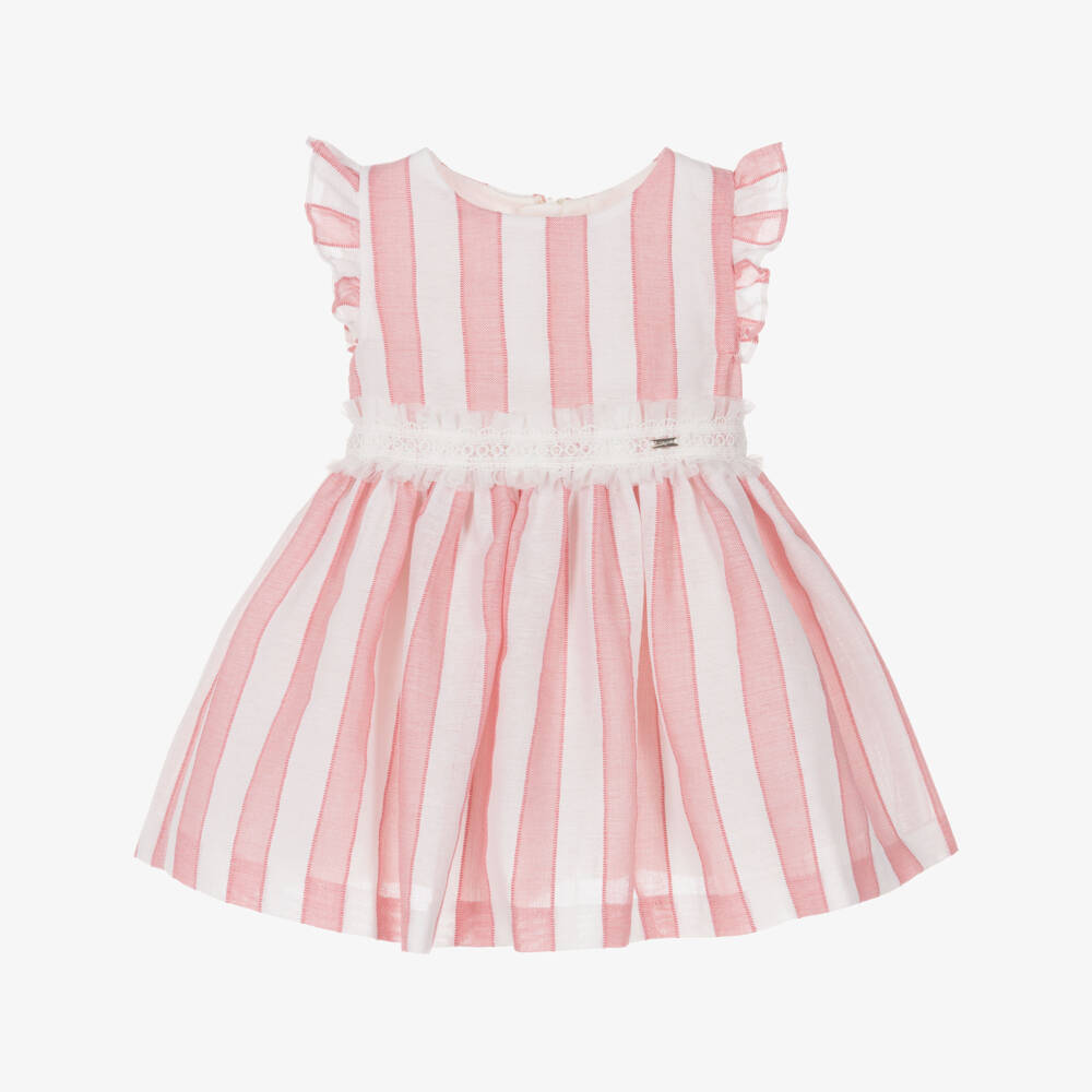 Mayoral-Girls Pink Striped Dress with Lace Trim | Childrensalon