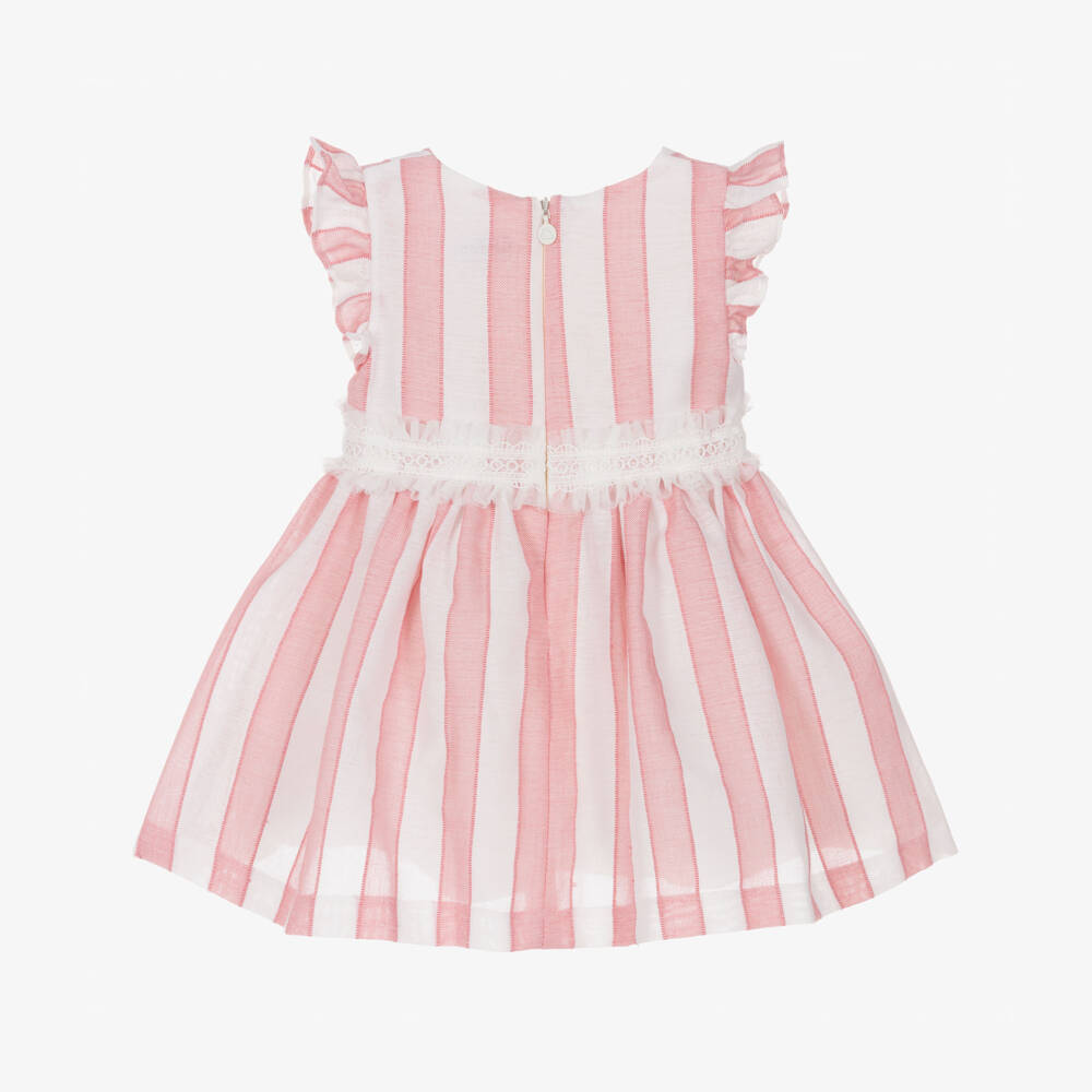 Mayoral-Girls Pink Striped Dress with Lace Trim | Childrensalon