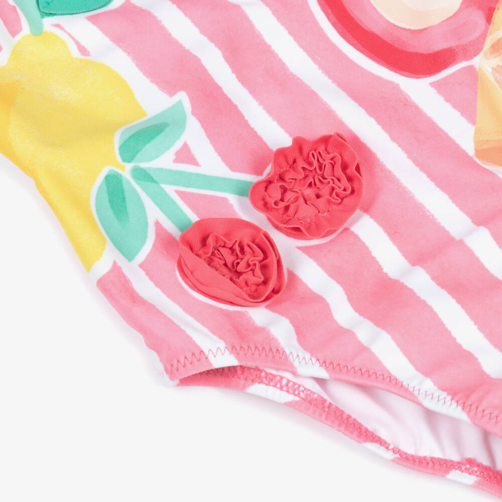 Mayoral-Girls Pink Striped Fruit Print Swimsuit | Childrensalon