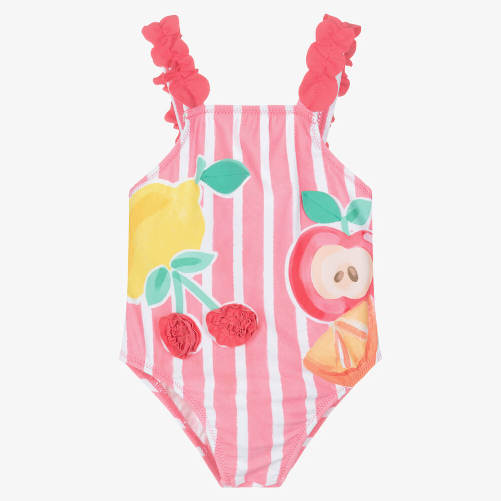 Mayoral-Girls Pink Striped Fruit Print Swimsuit | Childrensalon