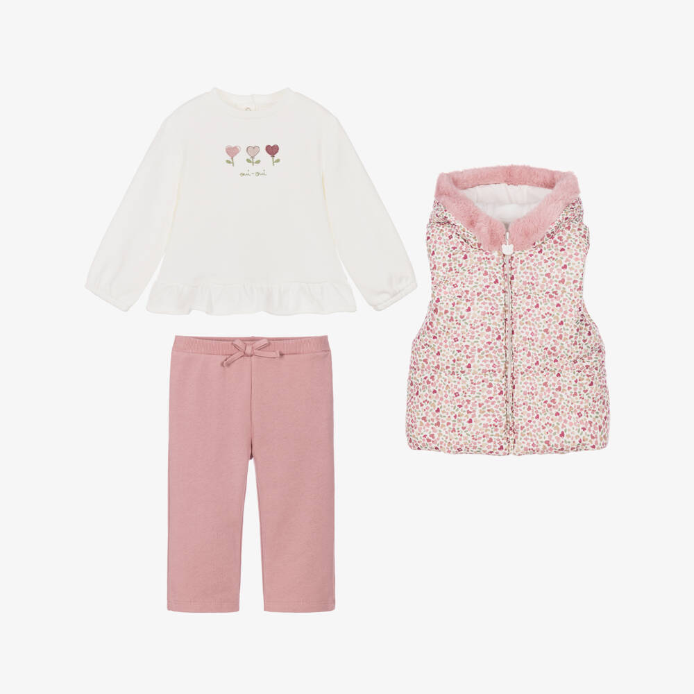Mayoral Newborn-Girls Pink Top, Trousers & Padded Gilet Set | Childrensalon