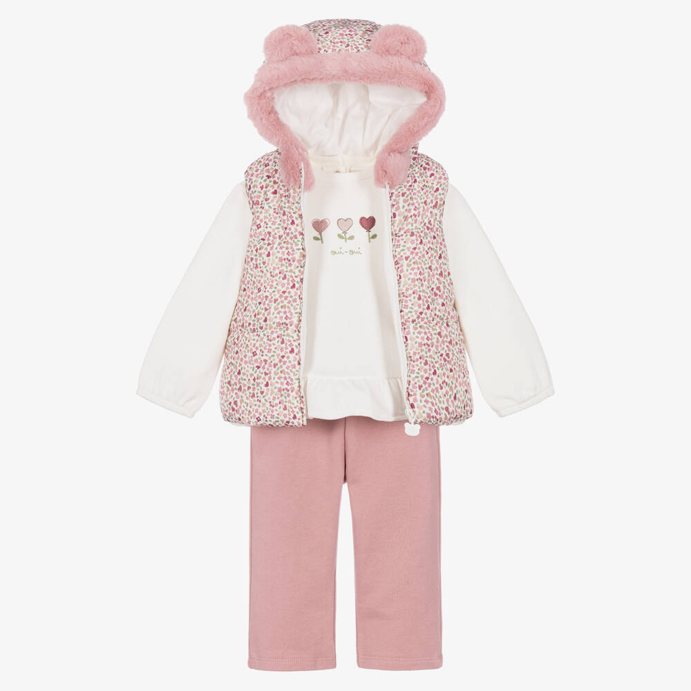 Mayoral Newborn-Girls Pink Top, Trousers & Padded Gilet Set | Childrensalon