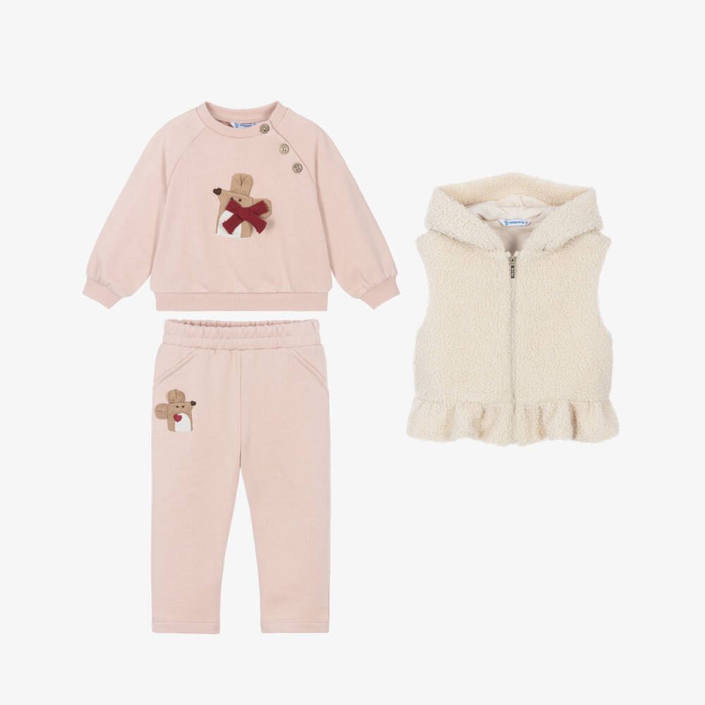 Mayoral-Girls Pink Tracksuit Set with Bouclé Gilet | Childrensalon