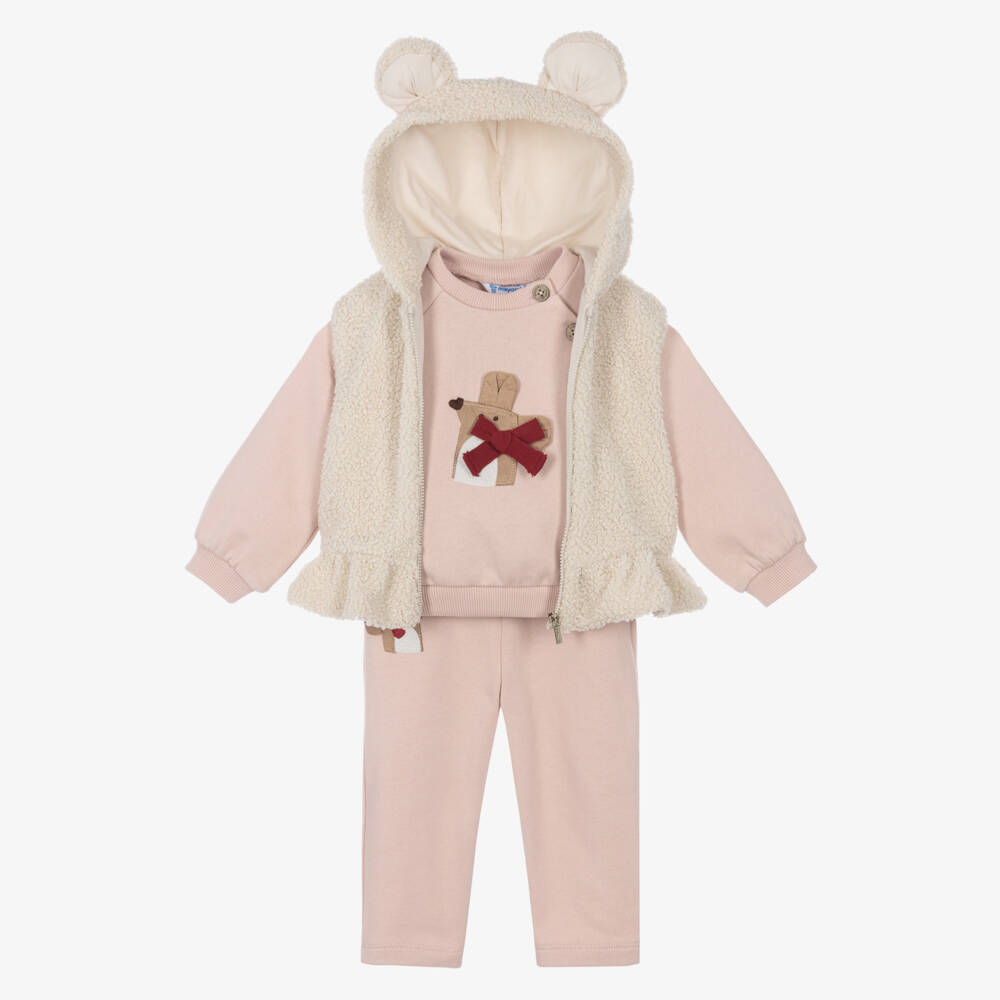 Mayoral-Girls Pink Tracksuit Set with Bouclé Gilet | Childrensalon